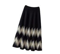 Knitted Skirts for Women - Autumn Winter Women's Casual Black Geometric Pattern Knitted Skirt Color Block Elastic High Waist Swing Midi Skirts,As Shown,S
