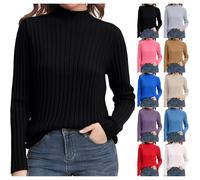 Knitted Sweaters for Women UK Long Sleeve Turtleneck Jumper Ladies Lightweight Solid Color Pullover Tops Soft Comfort Knit Jumper High Neck Warm Plain Top Dressy Sweatshirt for Office Work Black