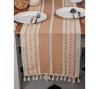 Knitted Tasseled Table Runner, Organic Cotton, Many Colours, Green, Beige, Brown, Grey, Linnen 35cm x 145cm (Brown)