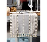 Knitted Tasseled Table Runner, Organic Cotton, Many Colours, Green, Beige, Brown, Grey, Linnen 35cm x 145cm (Grey)