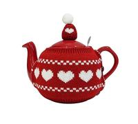 Knitted Tea Pot Cosy for 2-Cup 400-600ml Teapot, British-Style Acrylic Teapot Warmer, Two-Part Insulating Cover with Lid Topper & Button Fastening for Afternoon Tea，red Heart