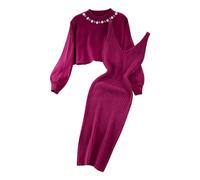 Knitted Two Piece Set for Women - Pullover Top and Bodycon Dress, Jumper Midi Dress, Sweater With Suspender Skirt, Petite Style (02-Red, One Size)