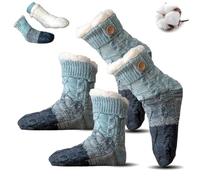 Knitted Ultra-Thick Slipper Home Socks, Tri-color Knit Patchwork Non-Slip Warm Winter Socks, Cozy Fuzzy Lined for Men Women (1, Blue)