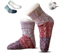 Knitted Ultra-Thick Slipper Home Socks, Tri-color Knit Patchwork Non-Slip Warm Winter Socks, Cozy Fuzzy Lined for Men Women (1, Purple)
