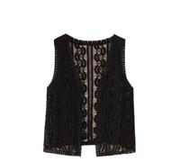 Knitted Vest Tops For Women,Womens Crochet Waistcoat Retro White Hollow Ripple Stripe Sleeveless Open Front Short Vest Shawl Cardigan Knit Boho Hippie Gilet Blouse Summer Bikini Cover Up,Black