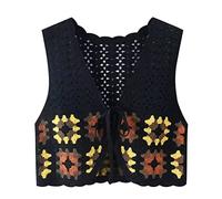 Knitted Vest Tops For Women,Womens Flower Crochet Waistcoat Retro Khaki Hollow Square Flowers Sleeveless Open Front Tie Short Vest Shawl Cardigan Knit Boho Hippie Gilet Blouse Summer Bikini Cover Up
