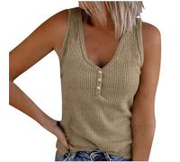 Knitted Vest Tops Women Slim Fit V Neck Button Sleeveless Tank Top Ribbed Summer Tops Solid Color Tee Tops Stretch Vest Casual Basic T Shirt Undershirt Knit Tank Pullover Tunic Shirts Camisole