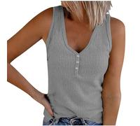 Knitted Vest Tops Women Slim Fit V Neck Button Sleeveless Tank Top Ribbed Summer Tops Solid Color Tee Tops Stretch Vest Casual Basic T Shirt Undershirt Knit Tank Pullover Tunic Shirts Camisole