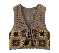 Knitted Waistcoats,Womens Flower Crochet Waistcoat Retro Khaki Hollow Square Flowers Sleeveless Open Front Tie Short Vest Shawl Cardigan Knit Boho Hippie Gilet Blouse Summer Bikini Cover Up,Khaki