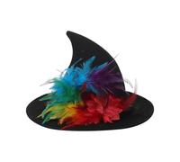 Knitted Witch Hat with Feather Flower Women Gothic Cosplay Wizard Headwear, Black - Rainbow Feather, One Size