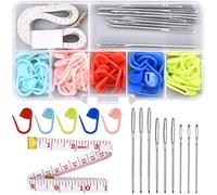 Knitting Accessories Kit, 9 Pieces 3 Sizes Big Eyes Blunt Sewing Needles with 60 Pieces Locking Stitch Markers and Cloth Tape Measure and Storage Box for Knitting, Weaving,