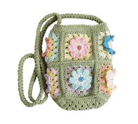 Knitting Bag Crochet Flower Granny Square Women Messenger Bag Handmade Crossbody Bags Small Purse(Green)