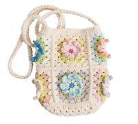 Knitting Bag Crochet Flower Granny Square Women Messenger Bag Handmade Crossbody Bags Small Purse(Pink)