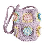 Knitting Bag Crochet Flower Granny Square Women Messenger Bag Handmade Crossbody Bags Small Purse(Purple)