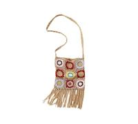 Knitting Bag Female Granny Square Crochet Floral Eyelet Fringes Flap Side Sling Shoulder Bag Handbag(Khaki)