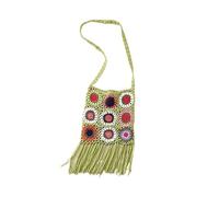 Knitting Bag Female Granny Square Crochet Floral Eyelet Fringes Flap Side Sling Shoulder Bag Handbag(Green)