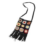 Knitting Bag Female Granny Square Crochet Floral Eyelet Fringes Flap Side Sling Shoulder Bag Handbag(Black)