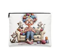 Knitting Cat Makeup Bag, Cozy Cat Yarn Print Cosmetic Travel Cases for Women, Portable Small Canvas Zipper Pouch, Hobby Gift Skincare Toiletry Bag Organizer, Cream, 7x9 Inch, Cats