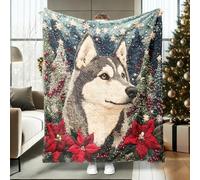 Knitting Christmas Husky Dog Throw Blanket 40''x50', Winter Xmas Puppy Pet Soft Cozy Fuzzy Blanket for Couch Living Room Beach Travel, Holiday Home Sofa Decorations