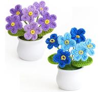 Knitting Crochet Flowers Potted Plants, Handmade Crochet Flower Bouquet with Forget Me Not Design, Desk Plant for Home Office Decor, Gift Set of 2 (Blue and Purple)
