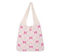 Knitting Crochet Plain Tote Bag - Cotton Canvas Knitting Women Girls Woven Bow Handbags Shopping Bag For School College Travel Work Beach Casual Pink and White
