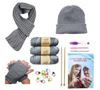Knitting Kit for Beginners Adults & Kids, Crochet Kit for Beginners with Step-by-Step Guide, Learn to Knit Starter Bundle for Scarves, Hats & Gloves Includes Wool Yarn, Needles & Accessories (Gray)