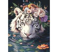 Knitting Kits for Adults White Tiger Animal and Flowers Printed Canvas Tapestry Kits Embroidery Set DIY Crochet Yarn Kit for Beginners Adults Printed Latch Hook Rugs 31x63in