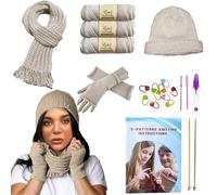 Knitting Set for Beginners, Learn to Knit, Complete Knitting Set with Instructions (possibly not in German), Wool Yarn, Knitting Needles, Yarn Needle and Stitch Markers (Khaki)