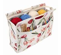 Knitting Storage Bag with Wood Handle - Multi-Purpose Fabric Organizer for Knitting Needles, Yarn & Sewing Tools, Stylish Embroidered Tulip Flower Pattern