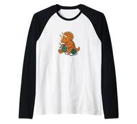 Knitting Triceratops Dinosaur with Yarn Funny Prehistoric Raglan Baseball Tee