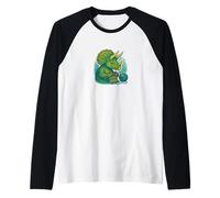 Knitting Triceratops Dinosaur with Yarn Funny Prehistoric Raglan Baseball Tee