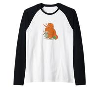 Knitting Triceratops Dinosaur with Yarn Funny Prehistoric Raglan Baseball Tee