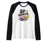Knitting Wine Humor Sip Knit Hope Funny Knitter Yarn Lover Raglan Baseball Tee