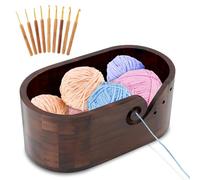 Knitting Yarn Bowl, Wooden Yarn Bowl, Crochet Yarns Holder with 9pcs Knitting Hooks, Knittings Yarns Holder, Wood Storage Crochet Bowl for Crocheting and Knittings Lovers (Color:Black Walnut)
