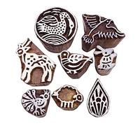 Knitwit Lot Of 8 Pcs Wooden Hand Carved Textile Stamp Printing Block Brown Block Print