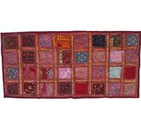 KNOBSWORLD Burgundy Maroon Color Hand Embroidered Vintage Indian Sari Cotton Patchwork Table Runner Bohemian Colorful Indian Decor Wall Hanging (20 X 40) Maroon