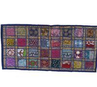 KNOBSWORLD Navy Blue Color Dark Blue Hand Embroidered Vintage Indian Sari Cotton Patchwork Table Runner Bohemian Colorful Indian Decor Wall Hanging (20 X 40) Blue