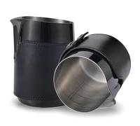 KNODOS Milk Pitcher Handleless Latte Steaming Pitcher (Black, 400ml, 14oz) with Leather Sleeve Stainless Steel Milk Frothing Jug