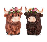 KnomeKo Highland Cow Decor 2Pcs, Fall Decorations Highland Cow Figurines with Flower Crown, Scottish Gifts for Farmhouse Shelf Bathroom Kitchen Autumn Decor