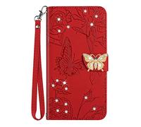 Knoowcase for Glitter Case Samsung Galaxy A04S Flip Shockproof Case Crystal Wallet PU Leather Bumper Bling Shiny Butterfly Kickstand Card Slots Magnet Protective Skin Cover for Samsung A04S, Red