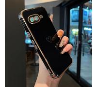 Knoowcase for Google Pixel 10A Case Google Pixel 10A Phone Case for Girls Women Shockproof Flexible Silicone Bumper Lens Protection Luxury Plated Gold Heart Slim Anti Scratch Cover, Black