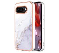Knoowcase for Google Pixel 9A Case Marble Silicone Cover Shockproof Bumper Glitter Plated Gold Edges Protective Flexible TPU Rubber Skin Case for Google 9A Women,White