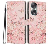 Knoowcase for Honor 90 Case, Shockproof Wallet Pouch for Honor 90 Phone Case with Card Slots PU Leather Bumper Kickstand Full Protective Magnetic Closure Cover, Pink Butterfly