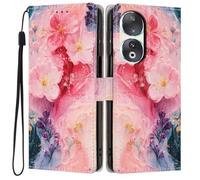 Knoowcase for Honor 90 Case, Shockproof Wallet Pouch for Honor 90 Phone Case with Card Slots PU Leather Bumper Kickstand Full Protective Magnetic Closure Cover, Pink Flower