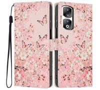 Knoowcase for Honor 90 Pro Case, Shockproof Wallet Pouch for Honor 90 Pro Phone Case with Card Slots PU Leather Bumper Kickstand Full Protective Magnetic Closure Cover, Pink Butterfly
