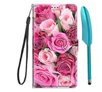 Knoowcase for Motorola MOTO G06 Case Shockproof MOTO G06 Power Phone Case Wallet Flip PU Leather Silicone Protective Bumper with Card Holder Magnet Kickstand Cover & 1 Touch Pen,Pink Rose