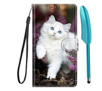 Knoowcase for Motorola MOTO G06 Case Shockproof MOTO G06 Power Phone Case Wallet Flip PU Leather Silicone Protective Bumper with Card Holder Magnet Kickstand Cover & 1 Touch Pen,White Cat