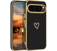 Knoowcase Google Pixel 9 Case Google Pixel 9 Pro Phone Case for Girls Women Shockproof Flexible Silicone Bumper Lens Protection Luxury Plated Gold Heart Slim Anti Scratch Phone Cover, Black