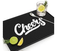 Knot and Style Bar Mat - Cheers Pattern, Black, 18"x12" - Non-Slip, Spill-Proof, Durable Rubber Mat for Home Bar & Bartending