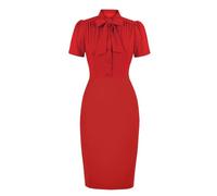 Knot Tie Neck Button Up Vintage Dress Summer Women Elegant Short Sleeve Bodycon Solid Dresses Red